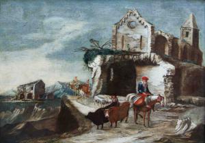 Antonio Travi called il Sestri (Sestri Ponente, 1608 - Genoa, 1665), Landscape with ruins, peasants, and shepherds